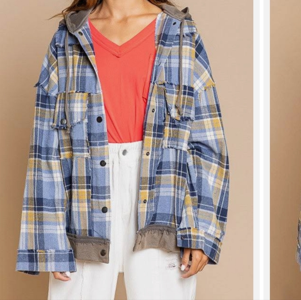 POL Oversized Plaid Shacket w/ Hoodie